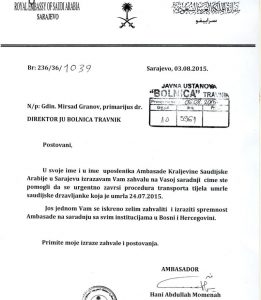 Zahvalnica Ambasade Kraljevine Saudijske Arabije